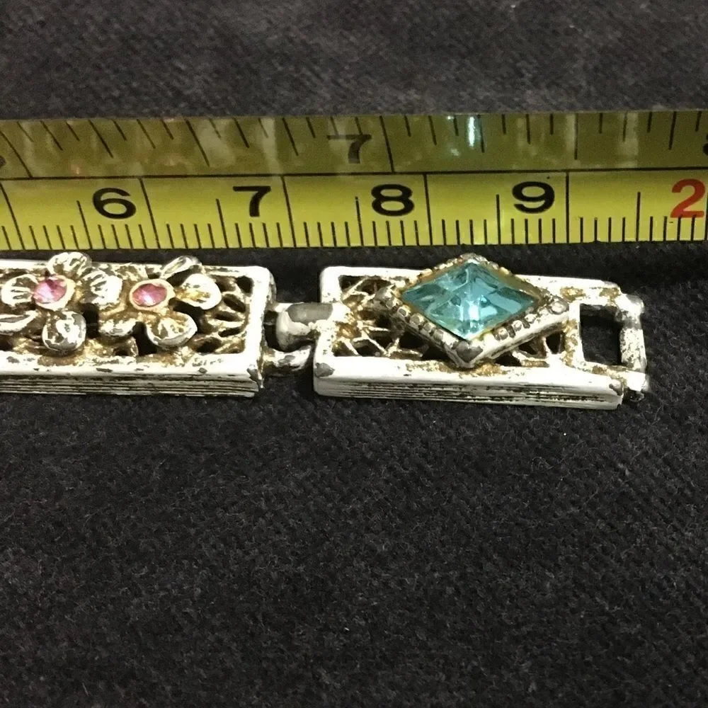 Vintage Bracelet, Raised Flowers, White Wash Distressed Style with Rhinestones